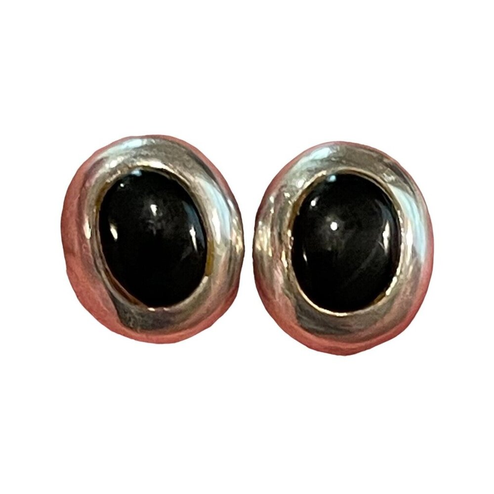 Vintage 925 Sterling Oval Onyx Earrings & Backs Pierced Studio Modernist MCM